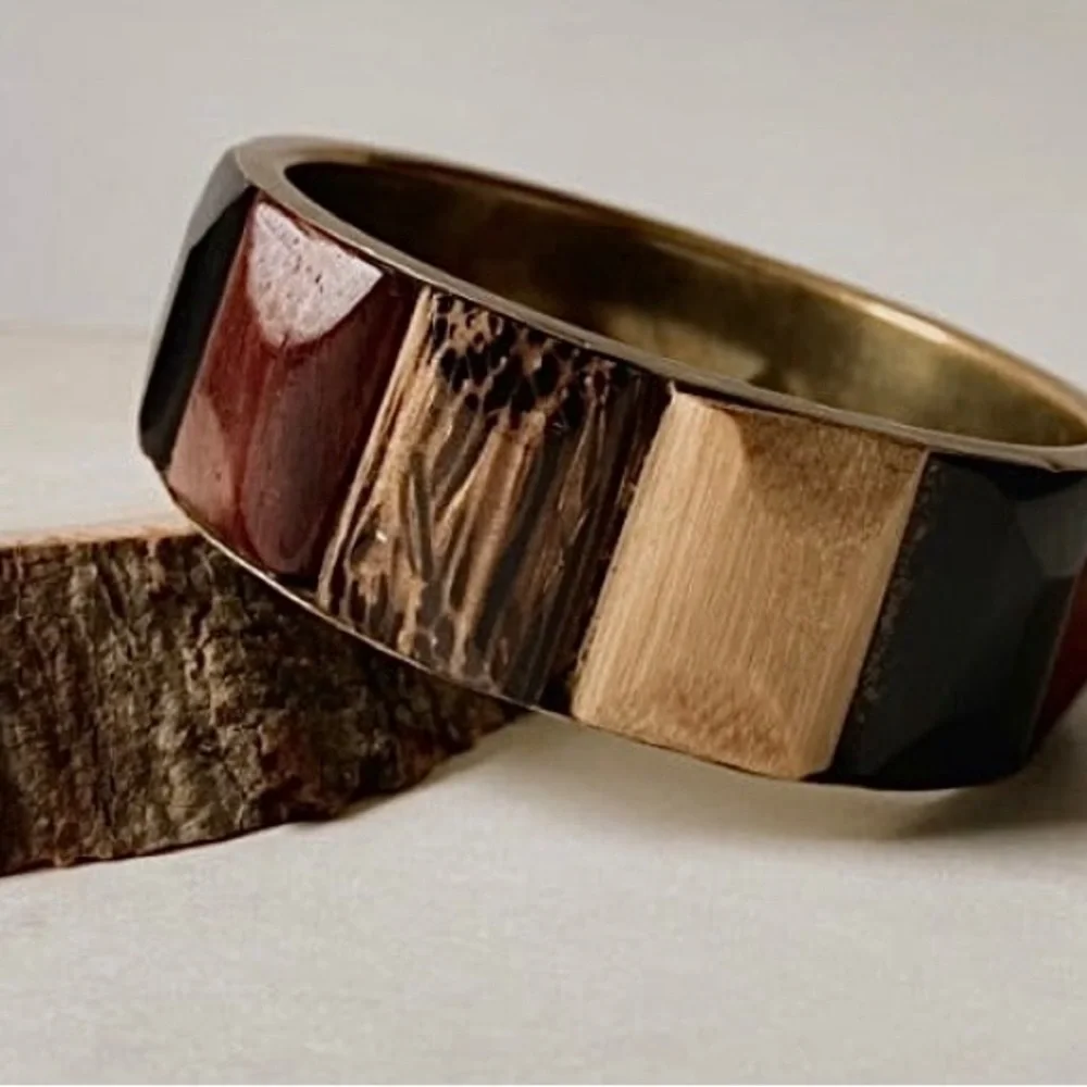 Beautiful Vintage Rustic Carved Wood Rectangle Panel Wide Brass Bangle Bracelet